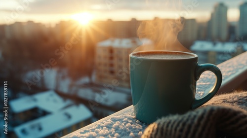 Fototapeta Naklejka Na Ścianę i Meble -  Morning coffee on a small balcony overlooking a bustling city, steam rising from the cup, warm sunlight, sense of relaxation and urban life, peaceful morning routine
