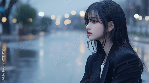A deeply melancholic Asian business lady in a perfectly tailored, sharp black suit, sitting despondently on the rain-soaked pavement of a deserted city street. photo