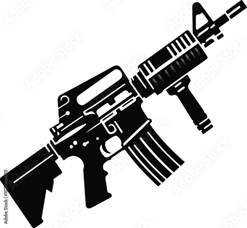 Graphic black detailed silhouette pistols, guns, rifles, submachines, revolvers and shotguns. Isolated on white background