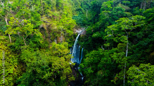 Majestic waterfall cascading down Mount Rinjani, surrounded by breathtaking scenery. The height and beauty create a stunning natural wonder, inviting exploration.