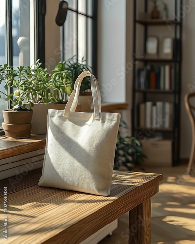 A tote bag mockup sitting neatly on a light-colored wooden table in a bright and airy apartment.  photo