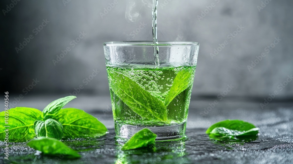A refreshing drink with mint leaves and bubbles in a glass. A refreshing drink with mint leaves and bubbles in a glass.