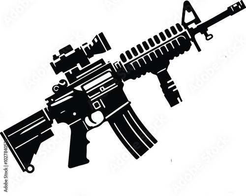 Graphic black detailed silhouette pistols, guns, rifles, submachines, revolvers and shotguns. Isolated on white background