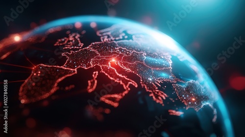 The image showcases a glowing map of Europe with bright red lines symbolizing connectivity and digital networks across different countries, highlighting technology's reach.