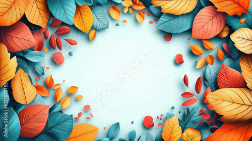 A vibrant and colorful autumn-themed circular frame filled with a rich array of fall leaves in various shades of orange, yellow, red, and teal.  photo