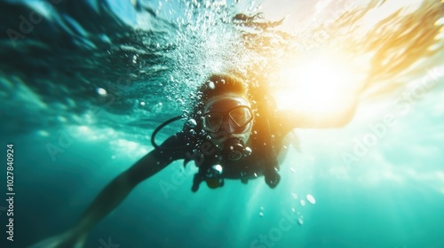 A scuba diver ascends towards sunlight in the pristine, clear blue ocean, showcasing underwater beauty, exploration, and adventure under the waves. photo