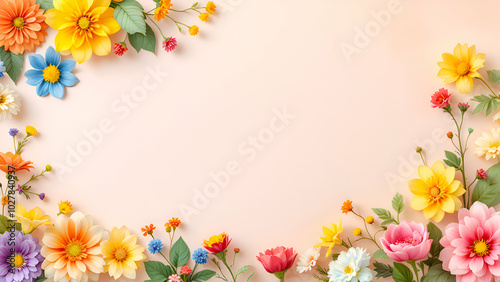 A delicate arrangement of various colorful flowers with green leaves creates a border on a soft pink background, leaving ample space for text or design.