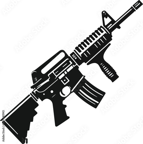 Graphic black detailed silhouette pistols, guns, rifles, submachines, revolvers and shotguns. Isolated on white background