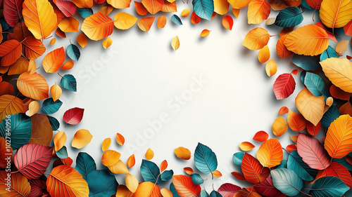 A vibrant and colorful autumn-themed circular frame filled with a rich array of fall leaves in various shades of orange, yellow, red, and teal.  photo