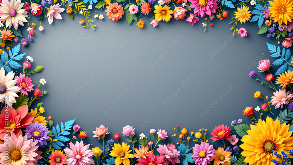 A border of vibrant flowers in various shades of pink, yellow, orange, and blue, surrounding a gray background, creating a visually captivating and textural floral design. A border of vibrant flowers in various shades of pink, yellow, orange, and blue, surrounding a gray background, creating a visually captivating and textural floral design.