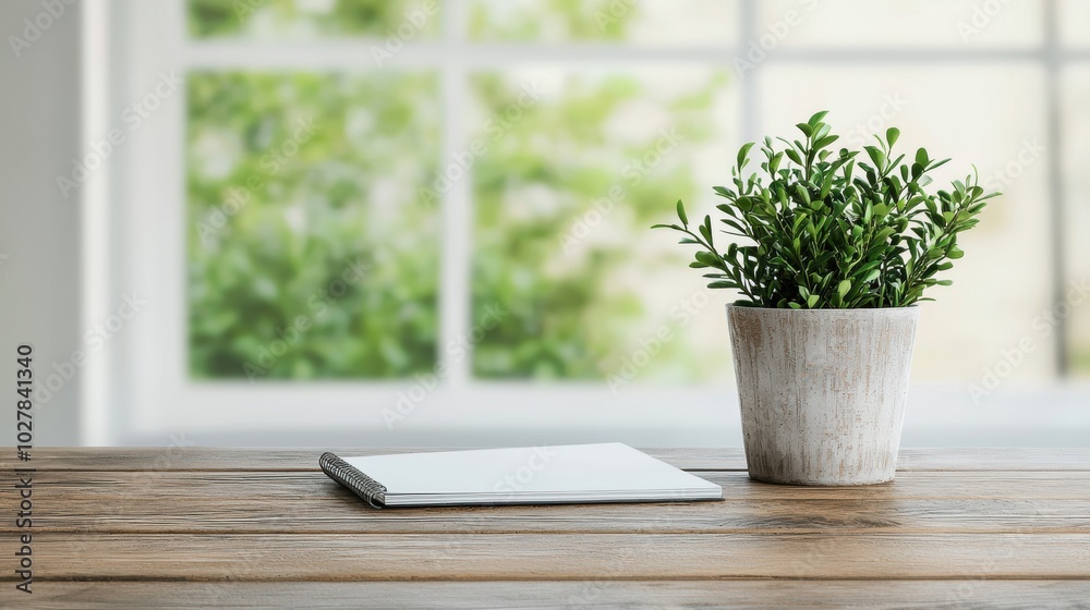 Plant in pot beside notebook on wooden table Plant in pot beside notebook on wooden table