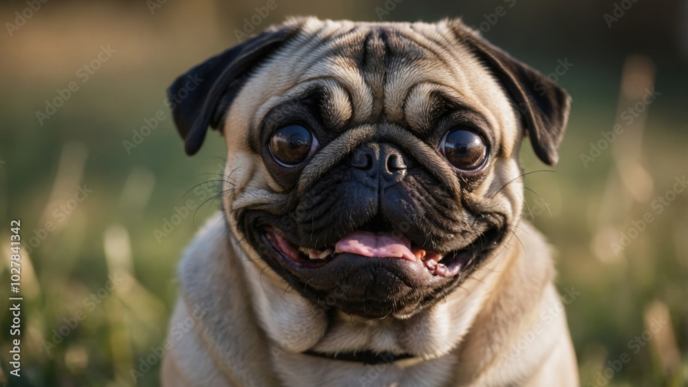 A happy pug relaxing outdoors on a sunny day with a vibrant background and bright eyes showcasing pure joy A happy pug relaxing outdoors on a sunny day with a vibrant background and bright eyes showcasing pure joy
