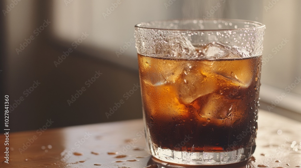 Iced coffee in a glass filled with ice cubes, condensation forming on the surface Iced coffee in a glass filled with ice cubes, condensation forming on the surface