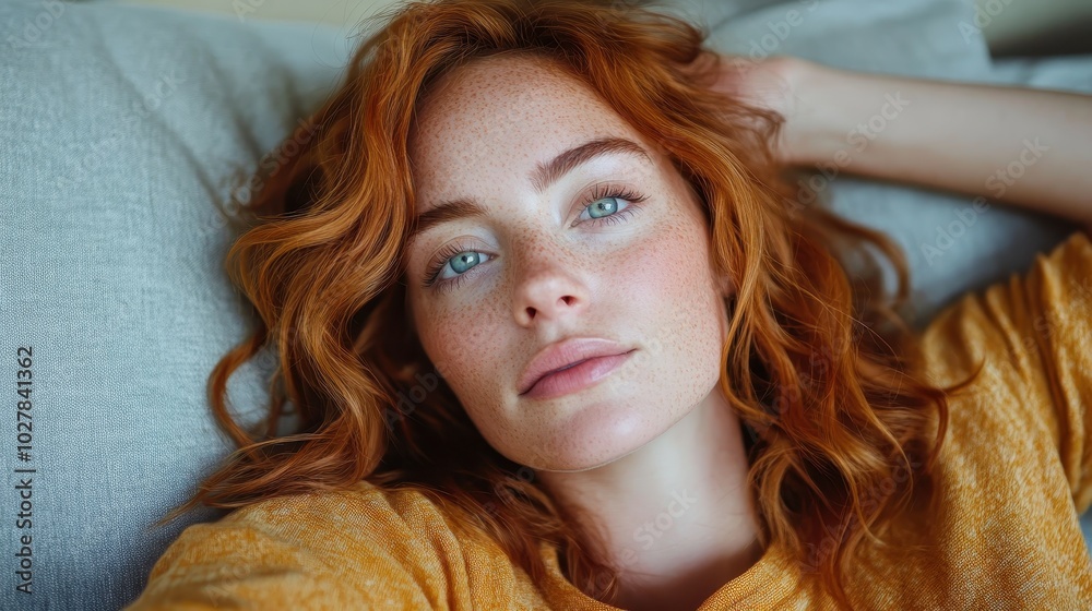 A serene portrait features a woman with striking red hair, freckles, and blue eyes, wearing a relaxed expression and a yellow top while lounging on a sofa. A serene portrait features a woman with striking red hair, freckles, and blue eyes, wearing a relaxed expression and a yellow top while lounging on a sofa.