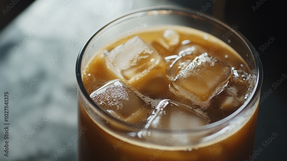 Iced coffee in a glass filled with ice cubes, condensation forming on the surface Iced coffee in a glass filled with ice cubes, condensation forming on the surface