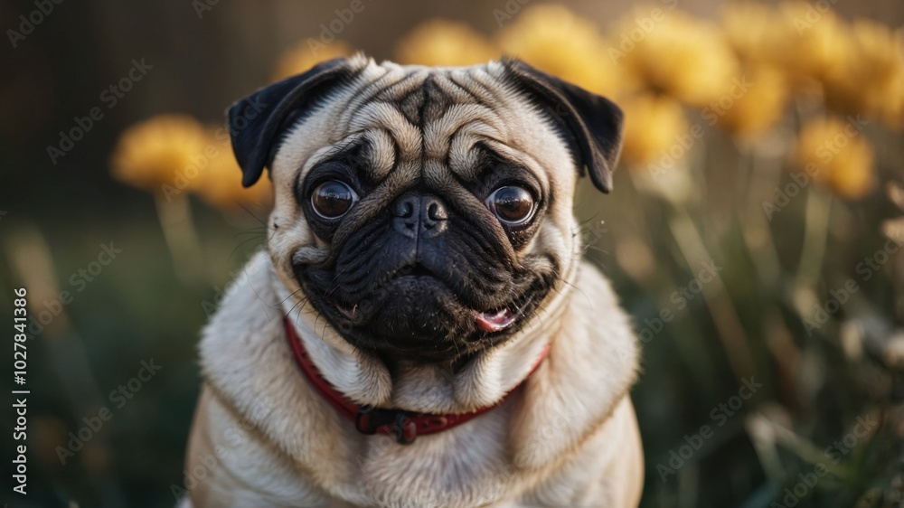A cute pug with expressive eyes sitting in a field of yellow flowers during golden hour, capturing a moment of joy and serenity A cute pug with expressive eyes sitting in a field of yellow flowers during golden hour, capturing a moment of joy and serenity