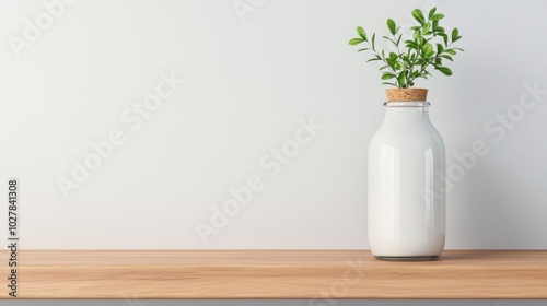 Plant in bottle on wooden shelf, white background