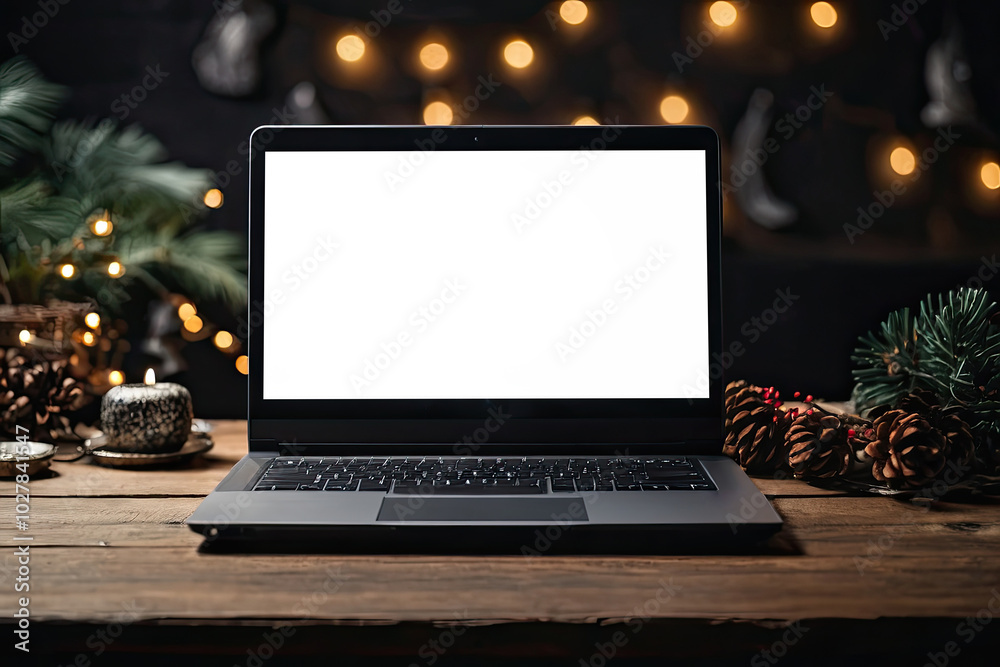 Laptop with a white screen mock up on table in the office of Christmas decor with bokeh lights, candles, overtime work on holidays, home office, Black Friday,. Laptop with a white screen mock up on table in the office of Christmas decor with bokeh lights, candles, overtime work on holidays, home office, Black Friday,.