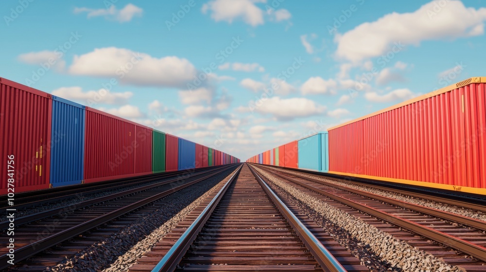 Railway track lined with colorful shipping containers Railway track lined with colorful shipping containers