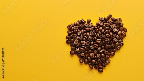 coffee beans in the shape of a heart on a yellow background