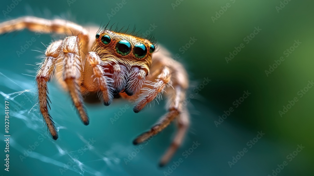 A vivid green backdrop highlights this jumping spider perched on its web, showcasing detailed textures and the beauty of arachnid life in fine detail. A vivid green backdrop highlights this jumping spider perched on its web, showcasing detailed textures and the beauty of arachnid life in fine detail.