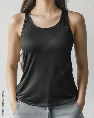 Asian girl wearing an oversized blank black tank top with ample space for a logo or design print.  photo