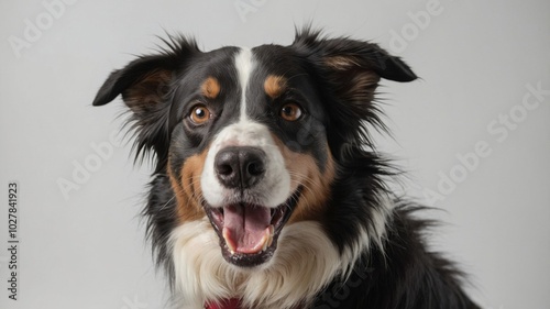 Happy Australian Shepherd dog with a joyful expression in a studio setting against a simple background