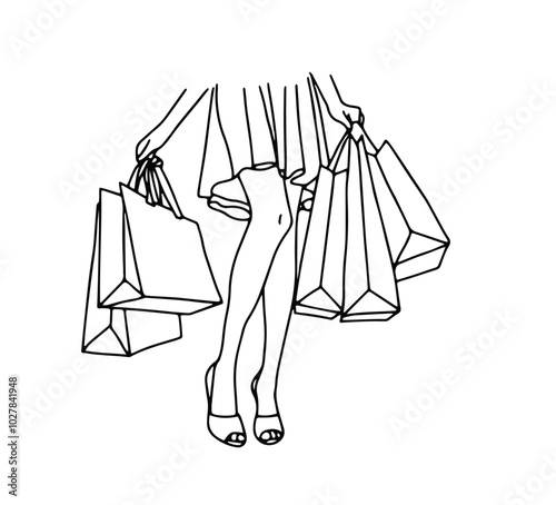 Linear vector black and white illustration with a woman and shopping bags from the Black Friday sale.