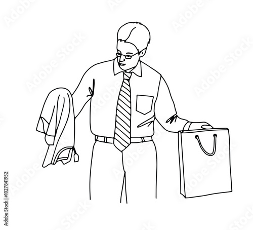 Linear vector illustration of a man choosing clothes in a store. Black Friday and the sale.