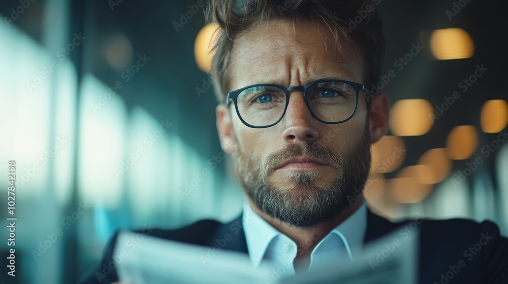 A man with blonde hair and glasses holds a newspaper, looking focused and thoughtful in a well-lit, modern setting surrounded by soft glowing lights. A man with blonde hair and glasses holds a newspaper, looking focused and thoughtful in a well-lit, modern setting surrounded by soft glowing lights.