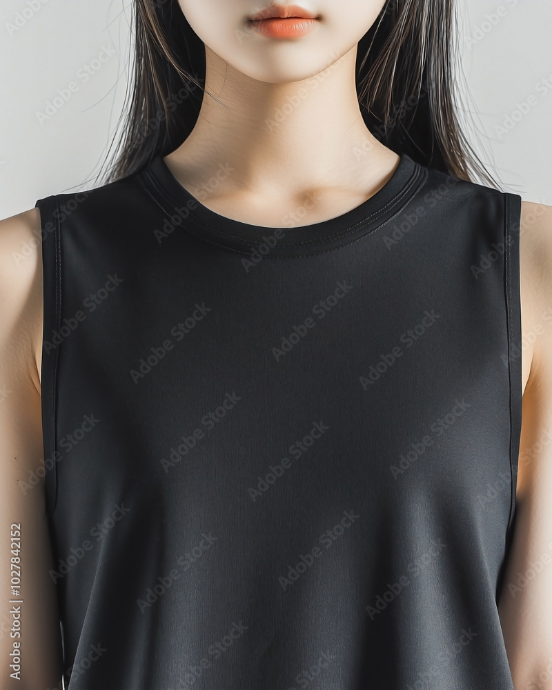 Asian girl wearing an oversized blank black tank top with ample space for a logo or design print. Asian girl wearing an oversized blank black tank top with ample space for a logo or design print.