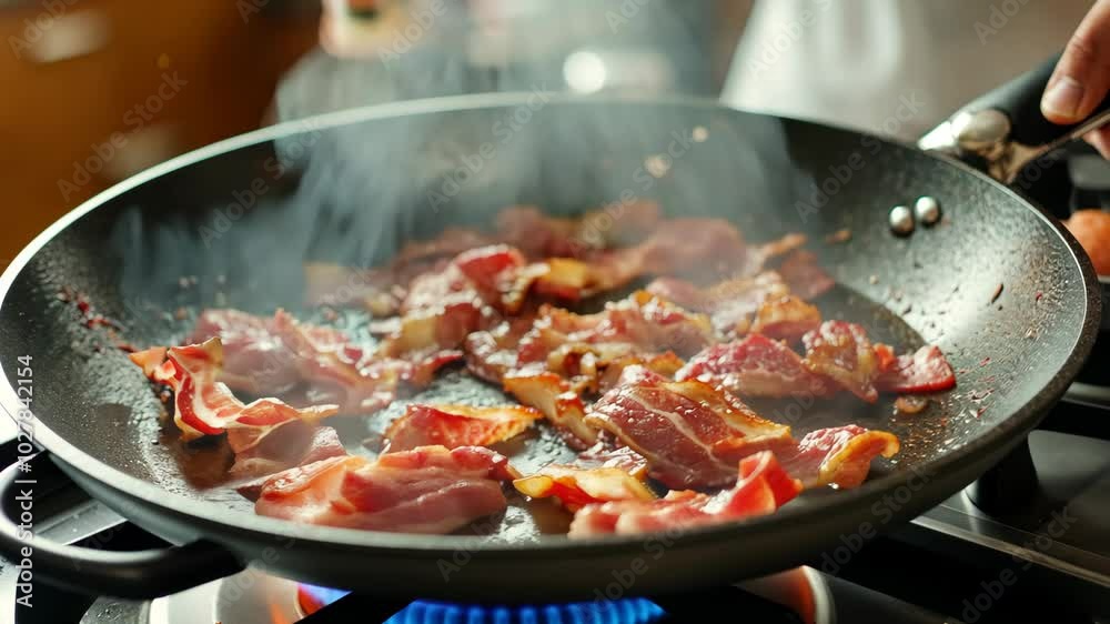 Crispy bacon sizzles in a pan over a blue flame Crispy bacon sizzles in a pan over a blue flame
