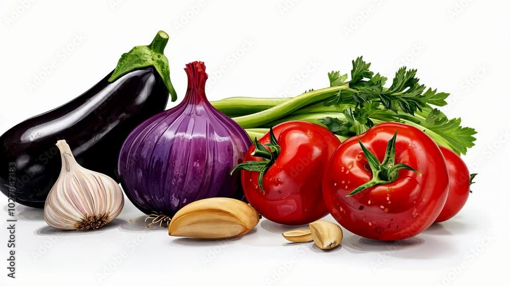 A purple onion, red tomatoes, green celery, and a single eggplant sit next to some cloves of garlic on a white surface A purple onion, red tomatoes, green celery, and a single eggplant sit next to some cloves of garlic on a white surface
