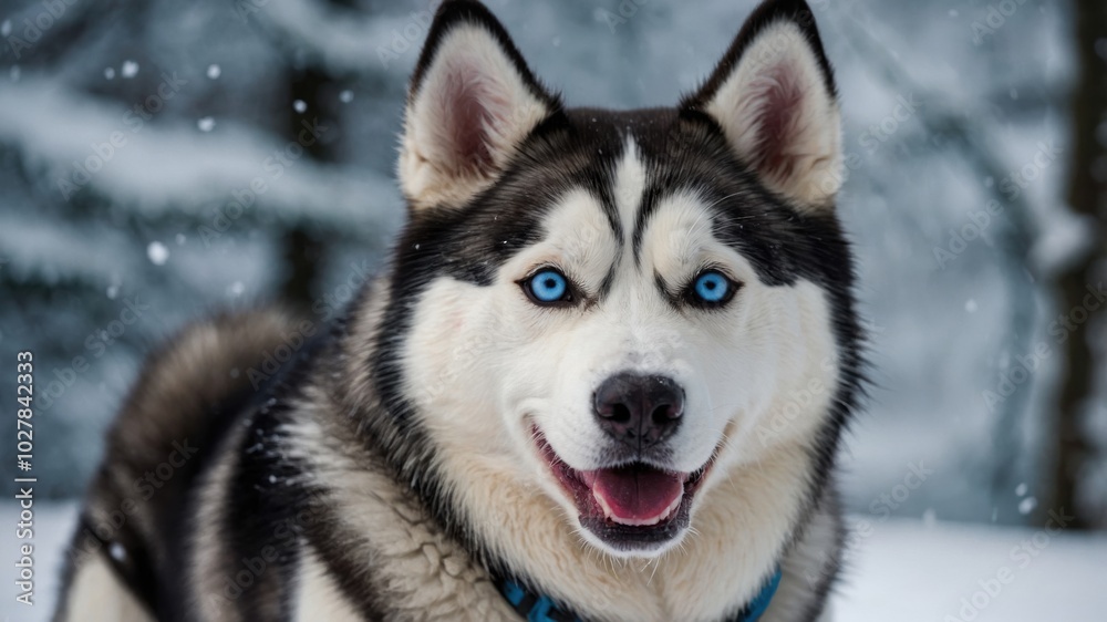 A playful Siberian Husky with bright blue eyes enjoys snowfall in a serene winter landscape surrounded by snow-covered trees A playful Siberian Husky with bright blue eyes enjoys snowfall in a serene winter landscape surrounded by snow-covered trees