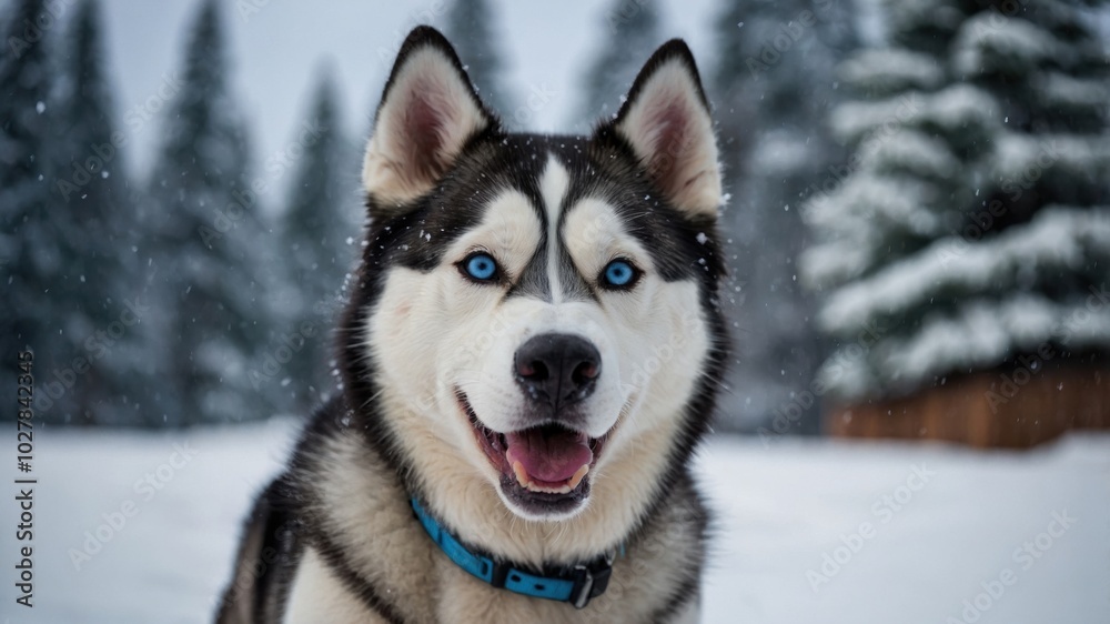 A happy Siberian Husky poses playfully in the snowy forest during winter A happy Siberian Husky poses playfully in the snowy forest during winter