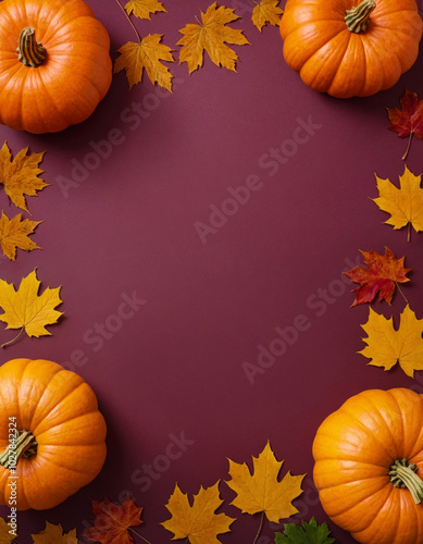 Orange pumpkins and autumn leaves on a flat dark maroon background. Concept for Thanksgiving, Harvest Festival or Halloween celebrations. Autumn flat lay for banner with copy space for text. Top view.