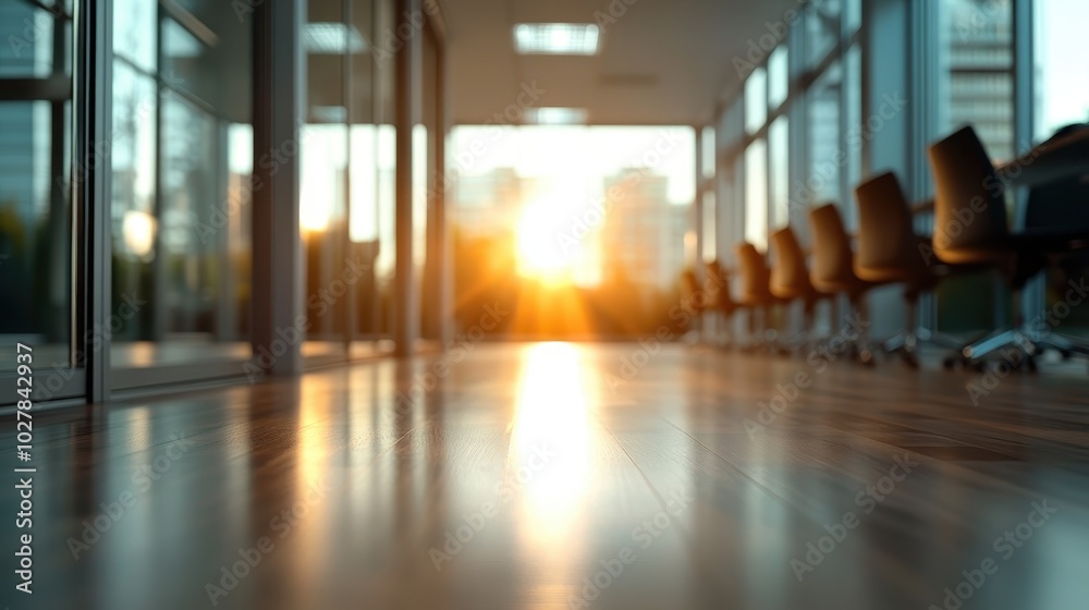 An empty office hallway with large windows and wooden flooring, bathed in sunlight creating a warm and inviting atmosphere, symbolizing modernity and calmness. An empty office hallway with large windows and wooden flooring, bathed in sunlight creating a warm and inviting atmosphere, symbolizing modernity and calmness.