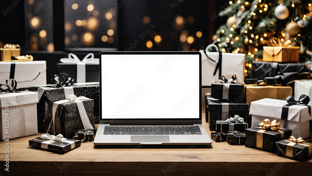 Laptop with a white screen mock up on table in the office of Christmas decor with gift boxes to employees, shopping, corporate gifts, Black Friday,. Laptop with a white screen mock up on table in the office of Christmas decor with gift boxes to employees, shopping, corporate gifts, Black Friday,.