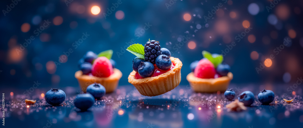 A vibrant display of fruit tartlets topped with fresh berries hovers delicately against a shimmering blue backdrop, evoking a festive and joyful atmosphere A vibrant display of fruit tartlets topped with fresh berries hovers delicately against a shimmering blue backdrop, evoking a festive and joyful atmosphere