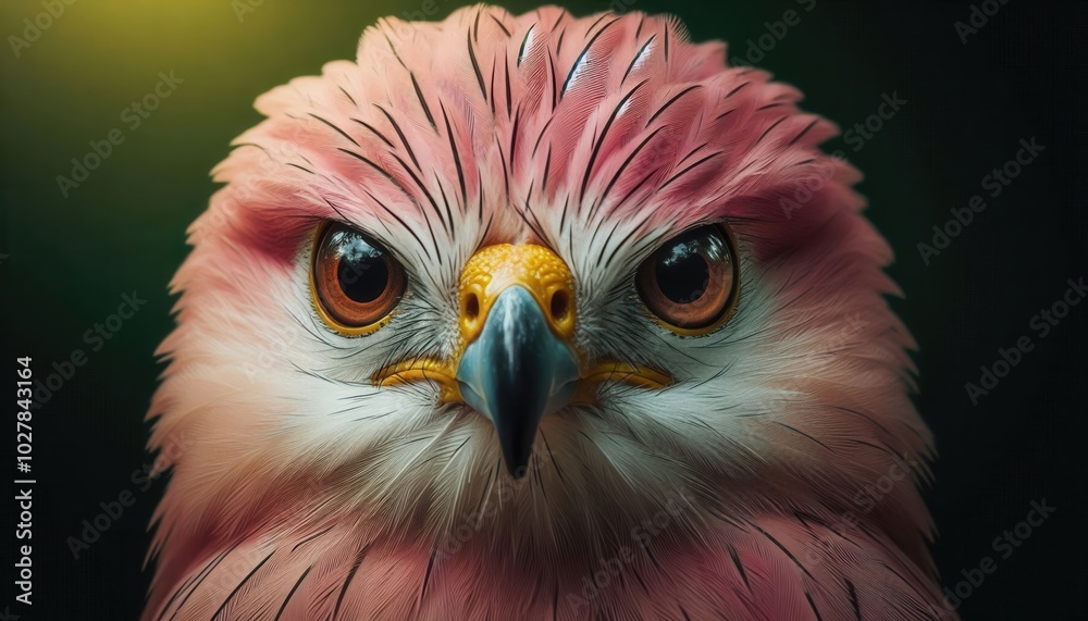 Obraz premium A striking portrait of a vibrant pink hawk, showcasing its intense expression and colorful plumage, perfect for wildlife, nature conservation, and educational projects.