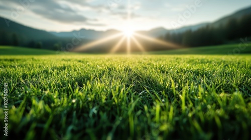 A picturesque image of a vast green field extending towards distant mountains under a sunny sky, conveying a sense of freedom and natural beauty. photo