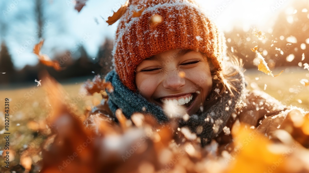A cheerful woman in a knitted hat enjoys the crisp autumn air, surrounded by falling leaves and the first snowfall, depicting joy and the beauty of nature. A cheerful woman in a knitted hat enjoys the crisp autumn air, surrounded by falling leaves and the first snowfall, depicting joy and the beauty of nature.