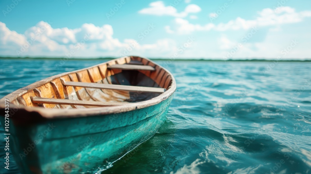 A rustic wooden boat quietly drifts on a serene blue lake under a vast expanse of sky, creating a scene of calmness and timeless reflection. A rustic wooden boat quietly drifts on a serene blue lake under a vast expanse of sky, creating a scene of calmness and timeless reflection.