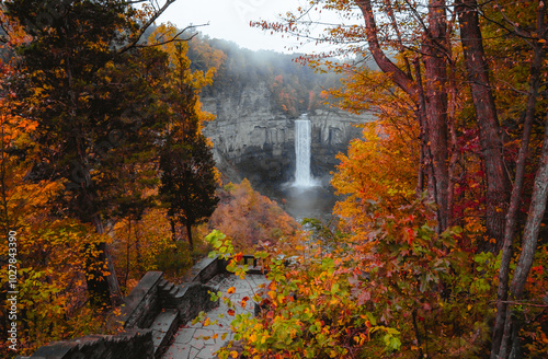 Waterfall Scenic Viewpoint Taughannock Falls Fingerlakes New York New England. Autumn Fall Foliage Season Orange Leaves Stone Path