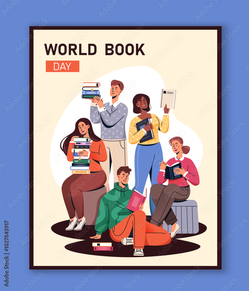 Obraz premium World book day poster. Men and women with textbooks. Education and learning, training. Love for reading and literature. Template and layout. Flat vector illustration