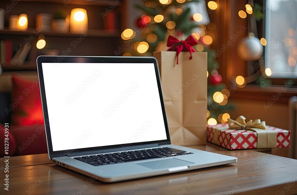 Laptop with a white screen mock up on table against background of Christmas decor of the cozy room with a Christmas tree, fairy lights. Laptop with a white screen mock up on table against background of Christmas decor of the cozy room with a Christmas tree, fairy lights.