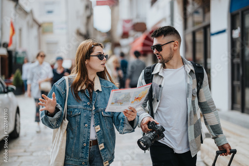 A young man and woman, exploring a bustling town street, consulting a map and taking photos on a sunny vacation day.