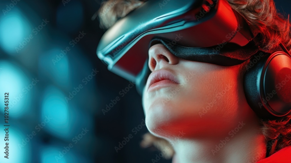 A person wearing futuristic virtual reality headset is immersed in an alternate reality, exploring new realms with cutting-edge technology, highlighted by bright neon lights. A person wearing futuristic virtual reality headset is immersed in an alternate reality, exploring new realms with cutting-edge technology, highlighted by bright neon lights.