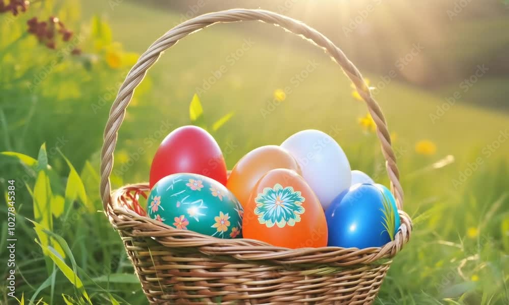 Colorful Easter eggs in a woven basket sitting on lush green grass during a bright sunny day Colorful Easter eggs in a woven basket sitting on lush green grass during a bright sunny day