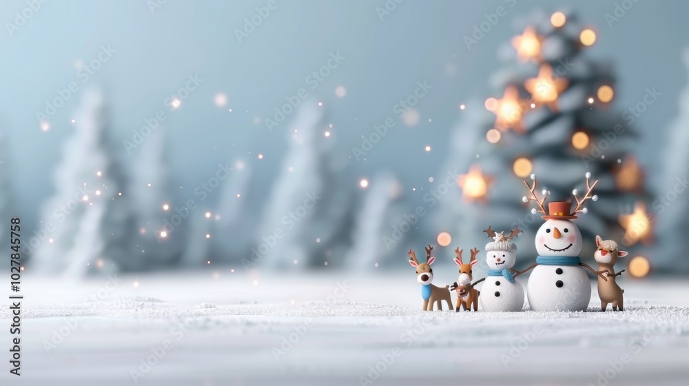 Fototapeta premium Snowman and reindeer in winter landscape